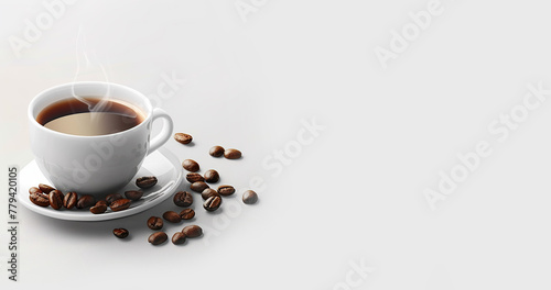 Cup of black flavored coffee with coffee beans on white background. Banner copy space. Generative AI