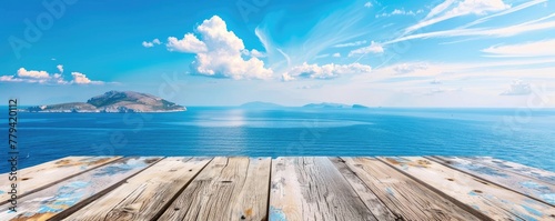 Tranquil scenery of a sparkling blue sea from a warm wooden dock  showing a clear sky  lush green trees  and distant ocean islands. copy space for text. banner.