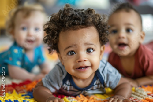 Adorable Trio of Babies Sitting on Colorful Blanket with Curious and Happy Expressions