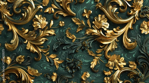 Gold floral ornamental pattern on dark turquoise leather.