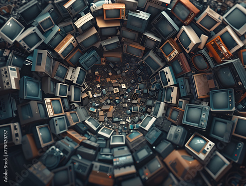 Aerial view of old electronic devices, televisions. E waste and recycling concept