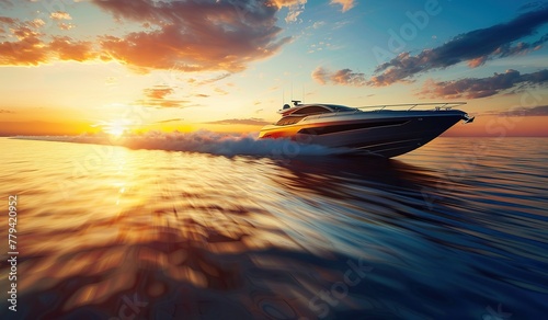 Speedboat racing across ocean at sunset