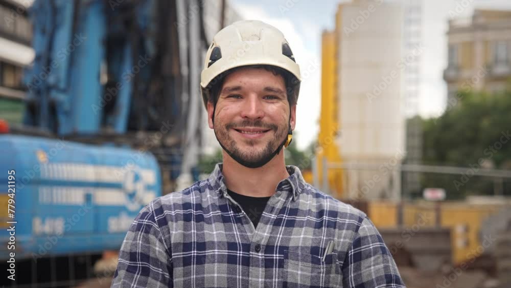 Confident construction site worker portrait. Smile constructor man look at camera. Builder engineer wear white helmet. Real estate agent plaid shirt. Guy build new house city street Erector person job Confident construction site worker portrait. Smile constructor man look at camera. Builder engineer wear white helmet. Real estate agent plaid shirt. Guy build new house city street Erector person job