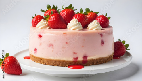 Delicious strawberry cheesecake on white backdrop 4