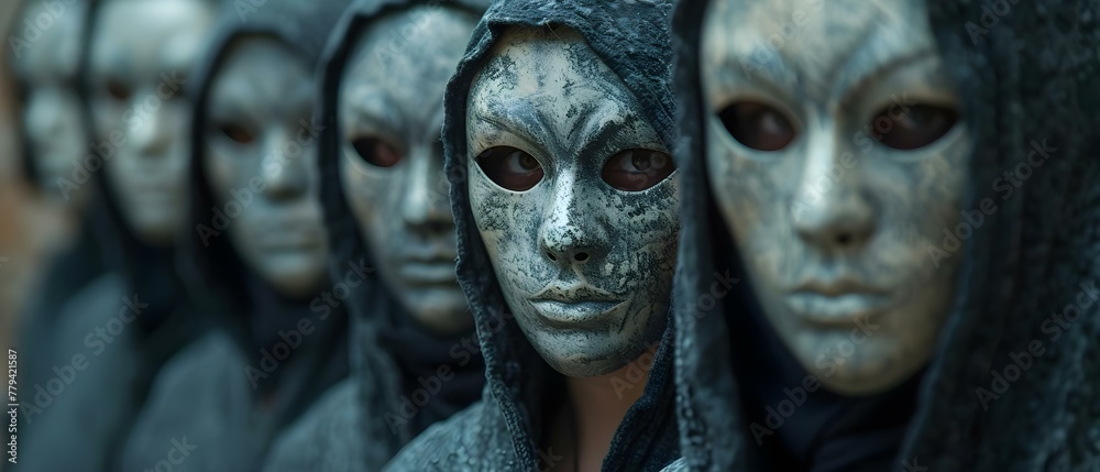 Masked Figures in Shadowy Environment Symbolizing Social Problems and Epidemics. Concept Social Issues, Masked Figures, Epidemics, Shadowy Environment Masked Figures in Shadowy Environment Symbolizing Social Problems and Epidemics. Concept Social Issues, Masked Figures, Epidemics, Shadowy Environment