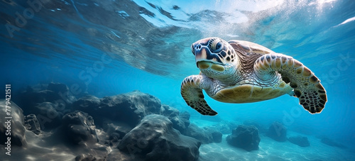Hawaiian green sea turtle swimming in the blue ocean, panoramic layout. Generative Ai © Alexandra