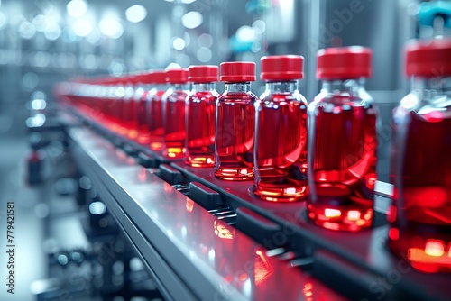 Red liquid in medical vials on a high-tech packaging line, healthcare industry in motion