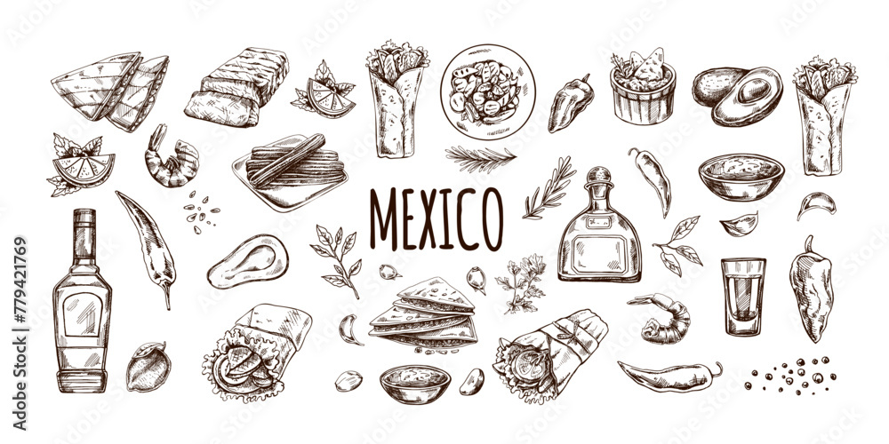 Hand-drawn set of realistic mexican dishes and products. Vintage sketch drawings of Latin American cuisine. Vector ink illustration. Mexican culture. Latin America.