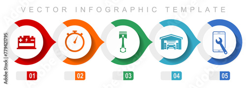 Workshop flat design infographic template, miscellaneous symbols such as battery, timer, piston, car cleaning and phone service, vector icons collection
