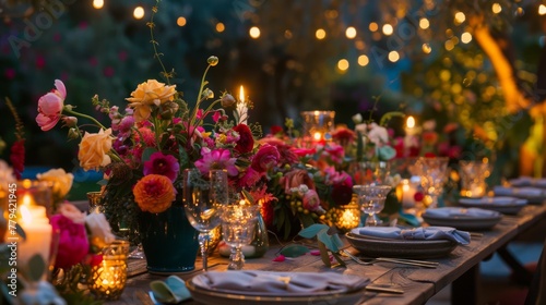 Festive table setting with floral centerpiece and string lights, perfect for event and party decor. © mashimara