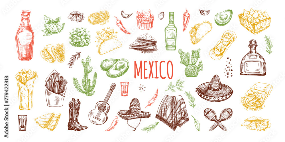 Hand-drawn colored set of realistic mexican elements. Vintage sketch drawings of Latin American culture. Vector ink illustration. Mexican culture.