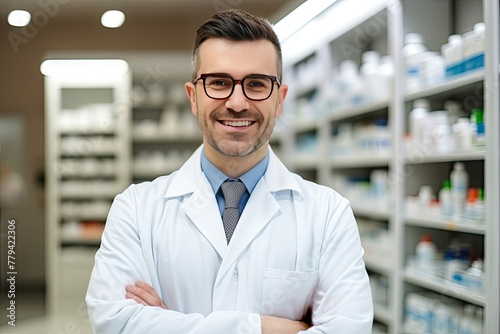 Smiling Pharmacist with Glasses Standing in a Well-Stocked Pharmacy