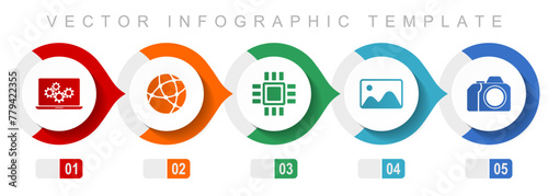 Computer and technology flat design infographic template, miscellaneous symbols such as laptop, network, chip, image and photo camera, vector icons collection