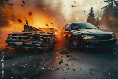 Intense Car Collision with Fiery Explosion on a Hazy Road © KirKam