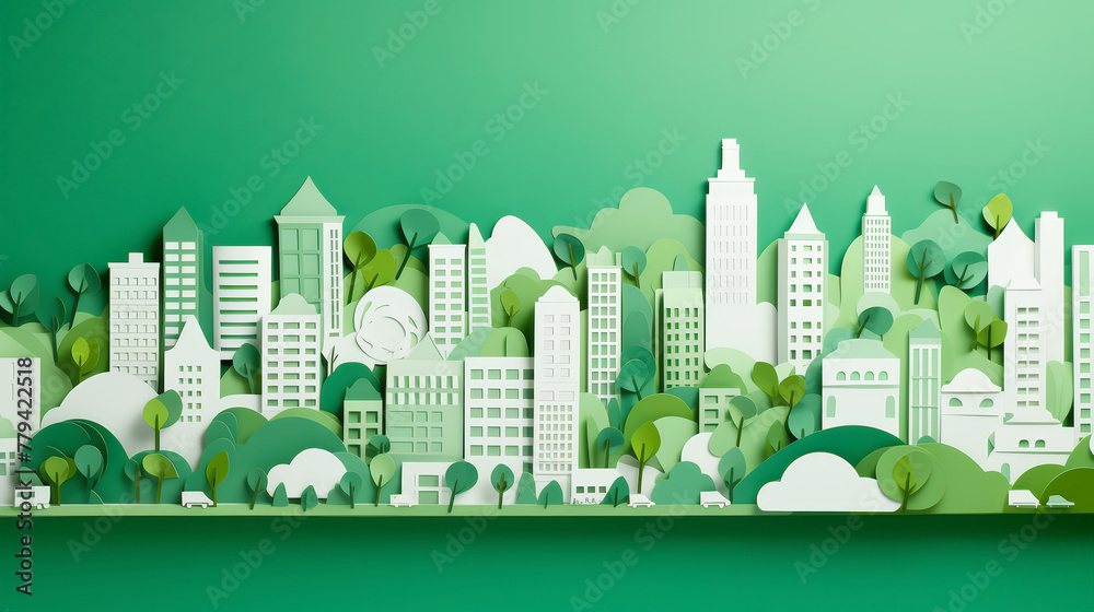  An illustration Paper cut style, white Building city against green background, Eco friendly and save the environment conservation concept with clean city