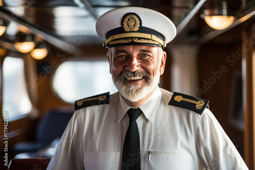 Senior Ship Captain in Uniform Smiling with Pride Onboard the Vessel photo