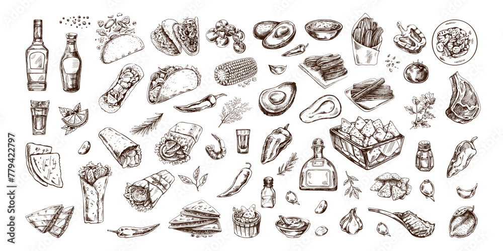 Hand-drawn set of realistic mexican dishes and products. Vintage sketch drawings of Latin American cuisine. Vector ink illustration. Mexican culture. Latin America.