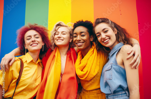 Young four women friend with rainbow background ,Comophobia, diversity, equity, peace and love, freedom, a liberty. and LGBT concept, Pride month, Youth's day