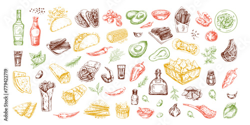 Hand-drawn colored set of realistic mexican dishes and products. Vintage sketch drawings of Latin American cuisine. Vector ink illustration. Mexican culture.