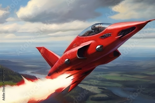 A red fighter jet soars through the sky, flames shooting out of its back. It flies over a landscape of hills and a river. photo