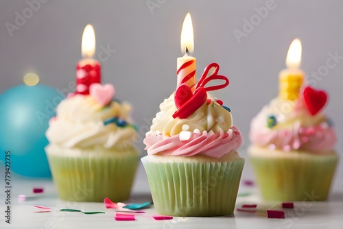 Delectable cupcake with candle on a vibrant background with text area for a birthday cupcake   