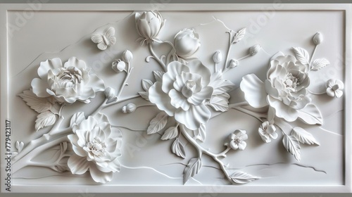 Fototapeta Naklejka Na Ścianę i Meble -  White bas-relief of flowers on framed panel. 3D wall art and floral design concept.
