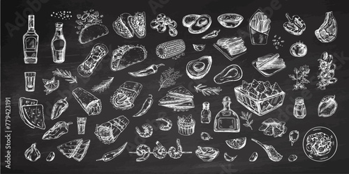 Hand-drawn set of realistic mexican dishes and products. Vintage sketch drawings of Latin American cuisine. Vector ink illustration on chalkboard background. Mexican culture.