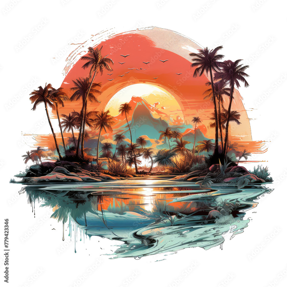 Watercolor tropical island with palm trees  t-shirt design isolated on transparent background . T shirt print design , illustration