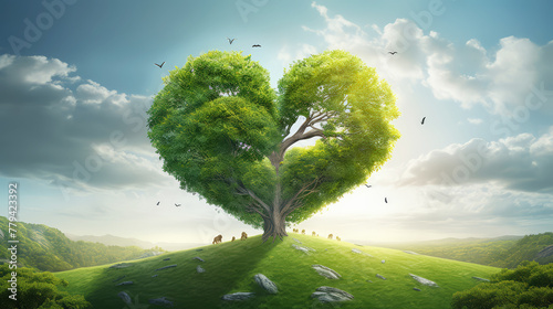 A Heart shaped tree growing on green grass. Love, nature, environment day, earth day, soil day