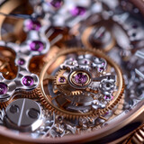 Intricate Watch Mechanism Macro Shot with Golden Cogs and Purple Jewels