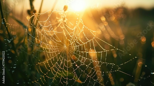 Dew on spider web with golden sunlight.