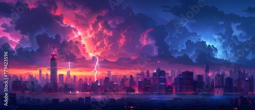 Cartoon showing lightning bolt striking city skyline with skyscrapers and dark clouds. Concept Cityscape, Lightning Bolt, Skyscrapers, Dark Clouds, Cartoon