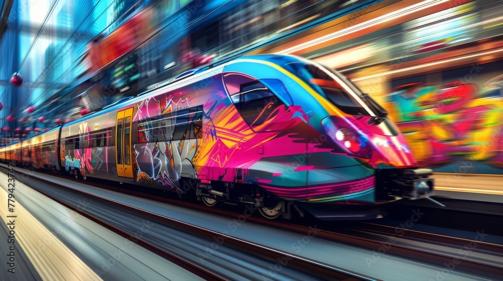 Graffiti-Decorated Urban Train in Motion
Graffiti-Decorated Urban Train in Motion
