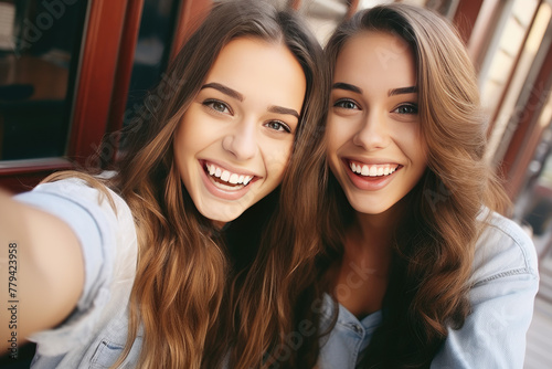 Joyful Female Friends Taking a Selfie Together with a Smartphone photo