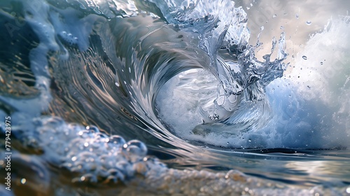 A wave frozen in time, showcasing the intricate patterns and bubbles within its curl photo