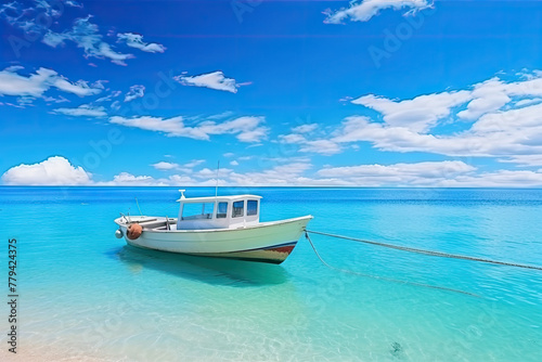 Serene Tropical Scene with a Single Boat on Crystal Clear Blue Water Under a Sunny Sky © KirKam