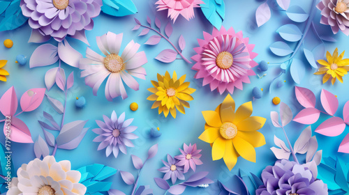 3D paper cut spring flowers background with colorful pastel leaves and roses on a white backdrop