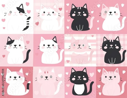A grid of cute kawaii cat characters in the style of digital art and vector illustration, pink and white