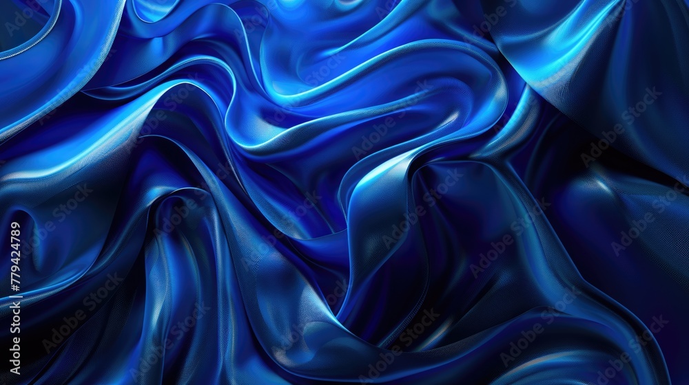 Fototapeta premium Blue satin fabric texture with elegant waves. Abstract luxurious background.