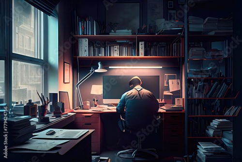 Generative AI illustration of man working in lamplight at desk
