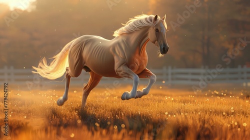 the awe-inspiring scene of a golden horse galloping through the field at sunset, seize the moment to embrace the magic of the golden hour.  © Aqsa