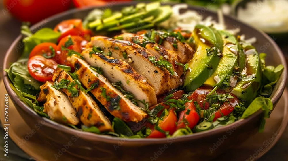 A vibrant salad bowl bursting with fresh greens, ripe tomatoes, creamy avocado, and grilled chicken, all drizzled with zesty vinaigrette and illuminated by perfect lighting that brings out the colors. A vibrant salad bowl bursting with fresh greens, ripe tomatoes, creamy avocado, and grilled chicken, all drizzled with zesty vinaigrette and illuminated by perfect lighting that brings out the colors.