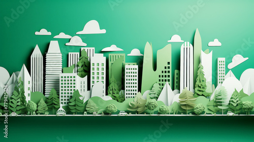  illustration Paper cut style, white Building city against a green background, Eco friendly and save the environment conservation concept with clean city