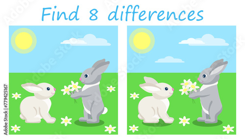 Logic puzzle game. Find 8 differences. Spring landscape with two cute bunnies. Vector illustration for children's development.