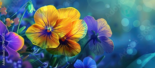 A close up of a vibrant bunch of wild pansies, with electric blue petals, against a blue background. This art showcases the beauty of this terrestrial flowering plant photo