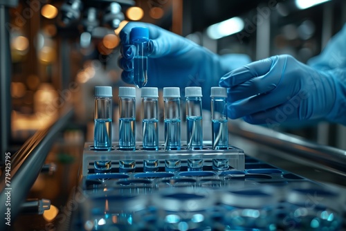 A person is using laboratory equipment to dispense gas into test tubes with a pipette. The electric blue liquid is part of a research project in the field of science and technology