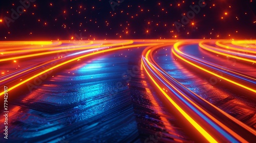 3D render abstract background with neon light lines speed, in the style of neon orange and neon blue