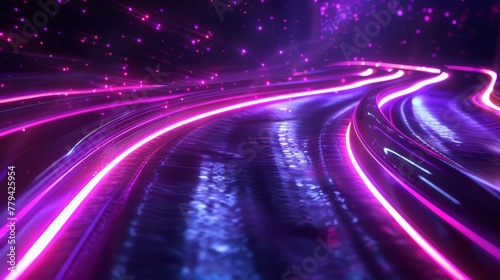 3D render abstract background with neon light lines speed, in the style of neon green and neon purple