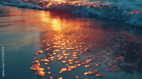 The reflection of a vibrant sunset on the wet sand, with waves gently coming in