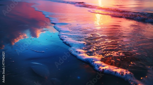 The reflection of a vibrant sunset on the wet sand, with waves gently coming in © Color Crafts